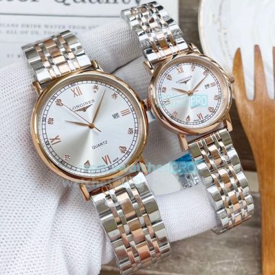 Hot Sale Replica Longines Lovers Watch Silver Grey Dial Rose Gold Bezel 2-Tone Yellow Gold Strap Watch